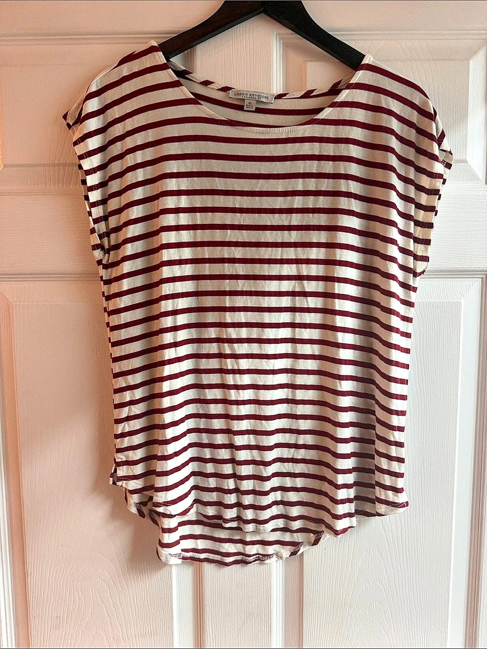 Green Envelope Striped Short Sleeve Top in Red & Cream Size XL Like New